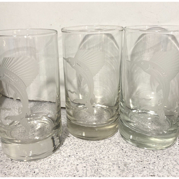 Vintage Cocktail Glasses Game Fish Swordfish Sport Fishing Barware Set of 5 - Picture 8 of 8